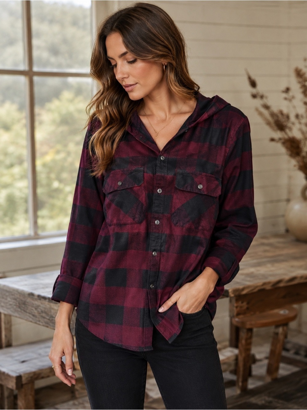 Aritzia TNA Hooded Wine & Black Checkered Flannel Button Down Shirt Size S